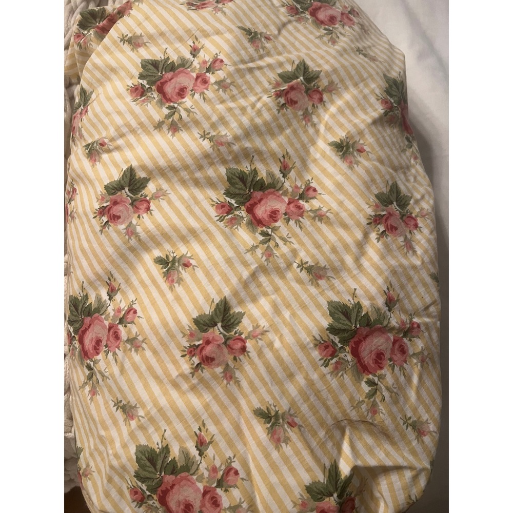 Vintage Ralph Lauren Twin Fitted Sheet Yellow White Stripe Pink Rose Floral USA